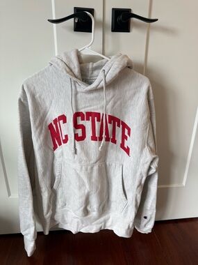 Champion Light Gray Hoodie with Red "NC STATE" Logo